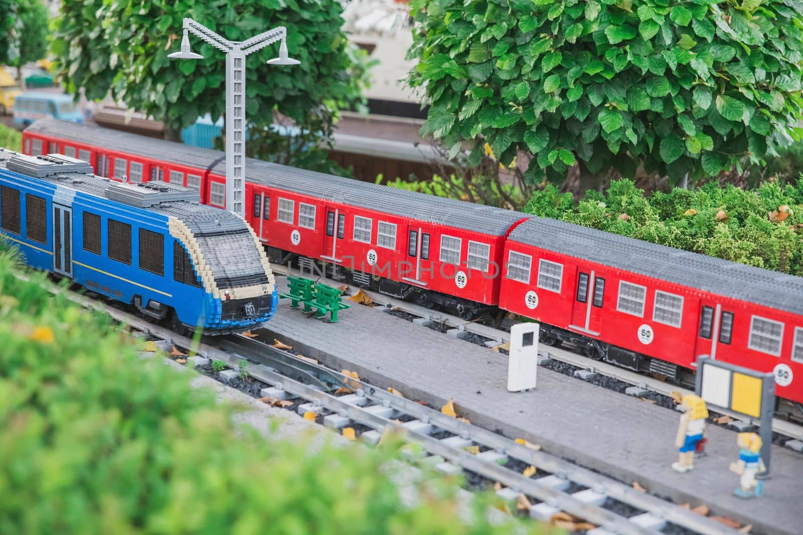 Billund, Denmark, July 2018: Toy train at the miniature railway station