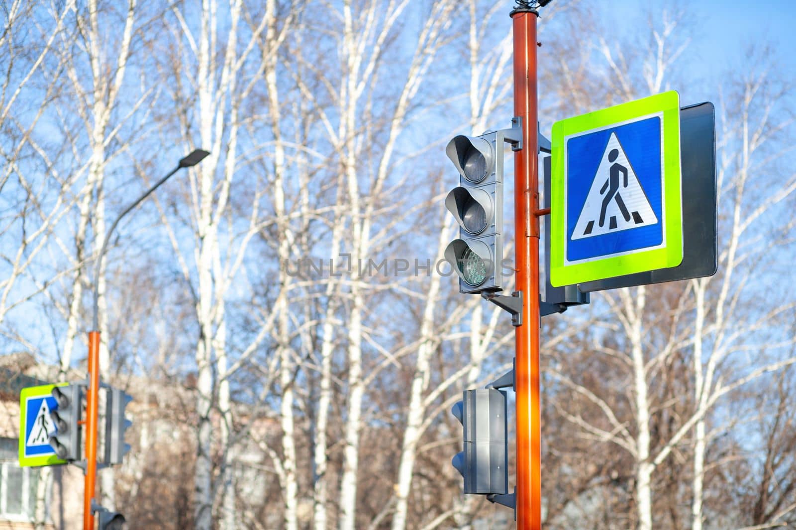 A pedestrian crossing sign with a reflective coating and traffic light by AnatoliiFoto