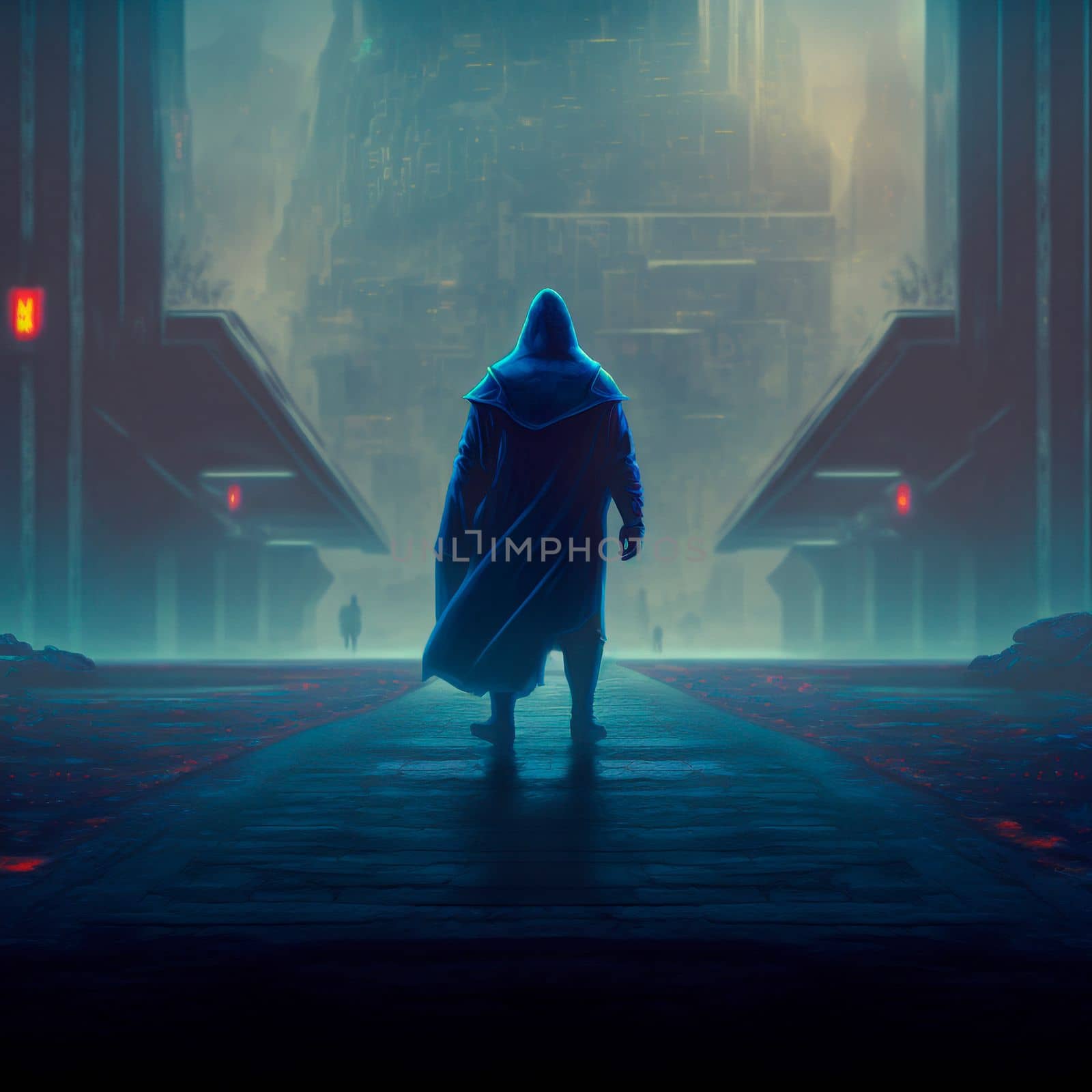 The figure of a man against the gloomy landscape of the city of the future. High quality illustration