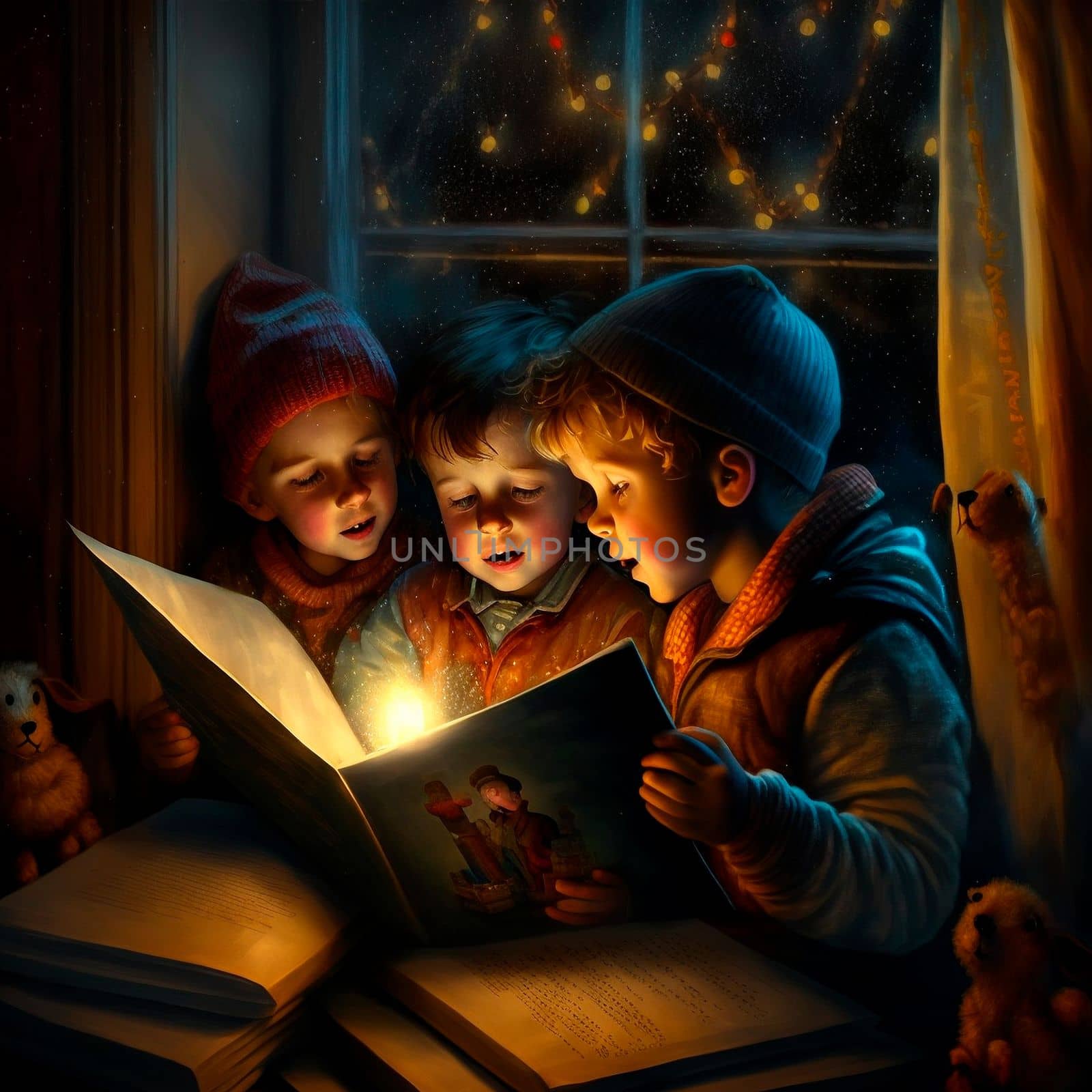 Children opened and looked at a mysterious fairy-tale book on Christmas night. High quality illustration