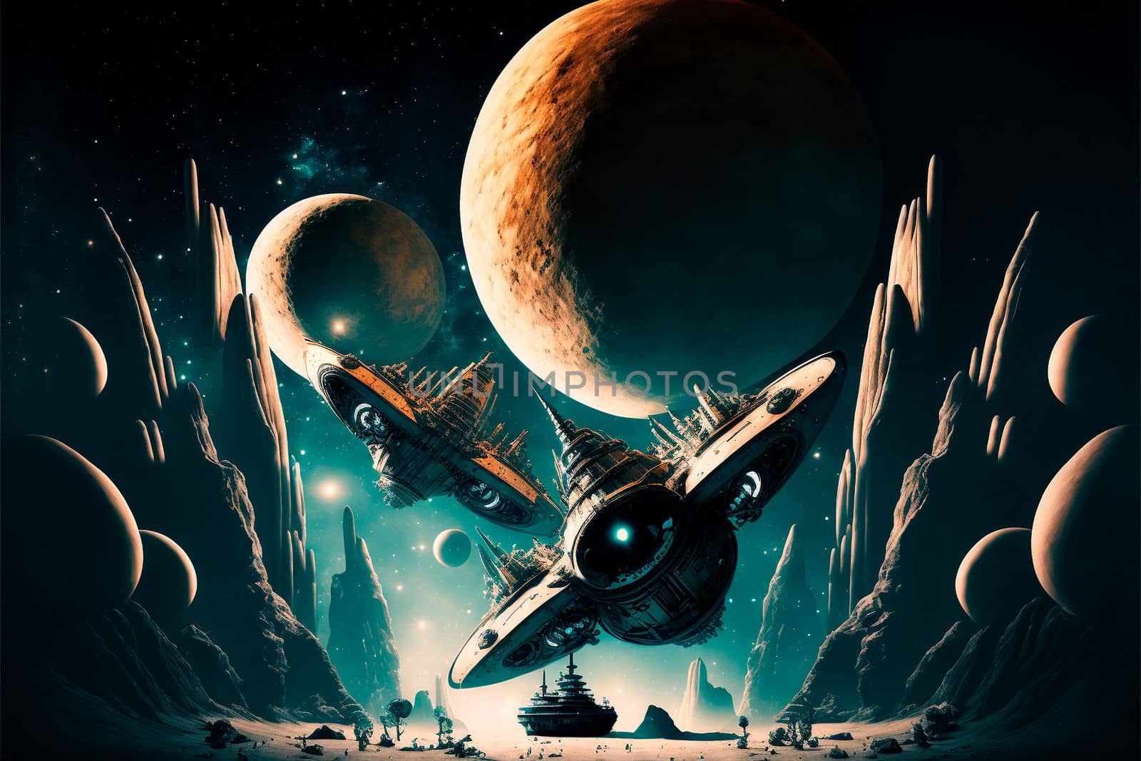 intergalactic spaceships on the background of planets and space by NeuroSky
