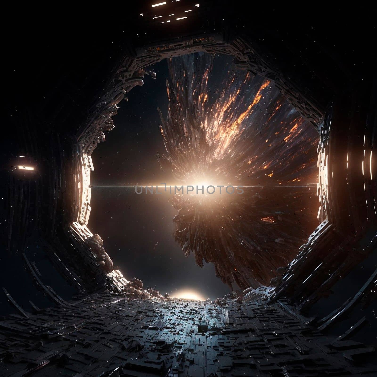 Space portal, space view, event horizon. Universe of Interstellar. High quality illustration