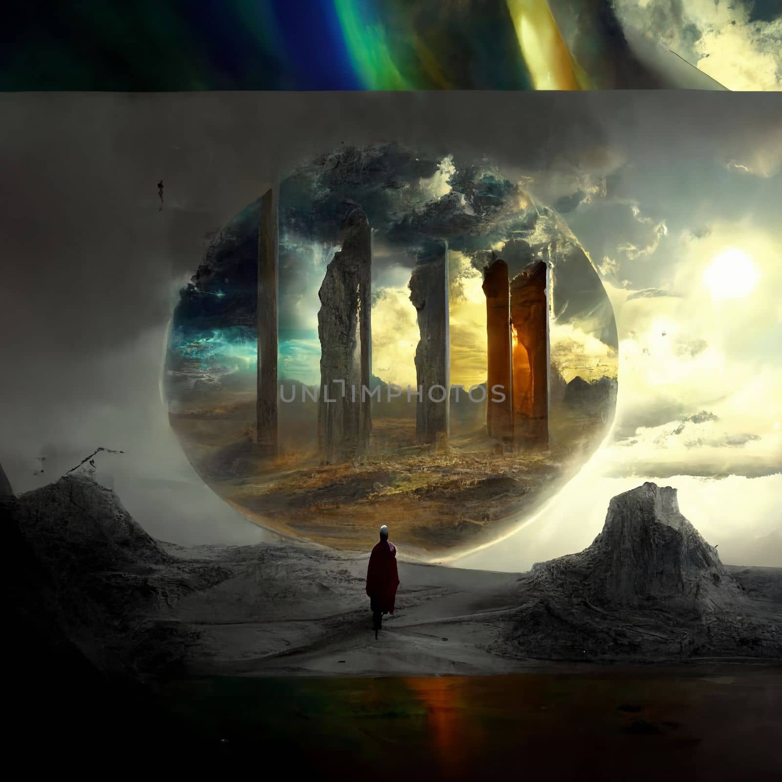 a wanderer between worlds stands in front of portals to other worlds by NeuroSky