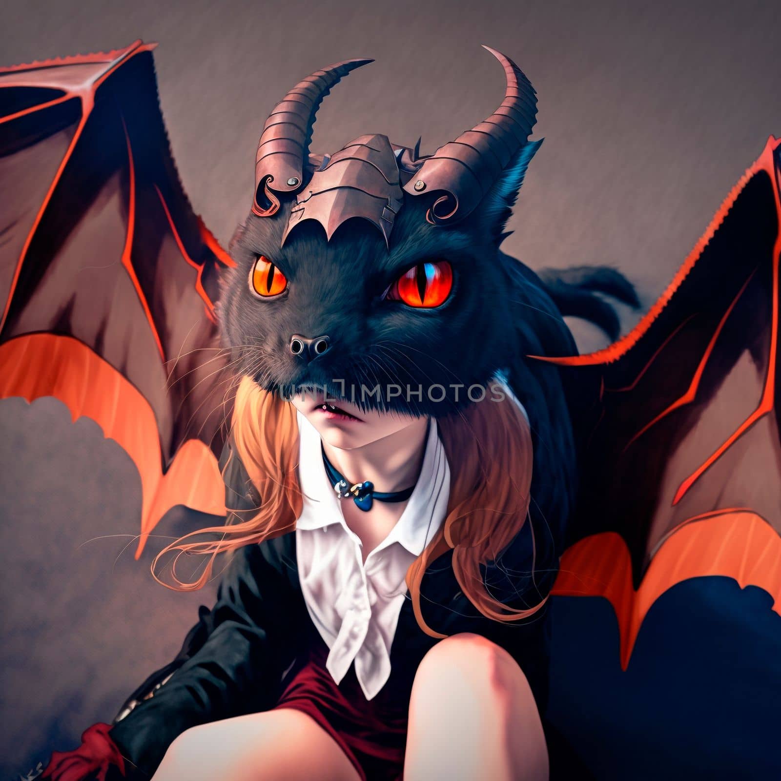 A girl with dragon wings and wearing a dragon cat helmet. High quality photo