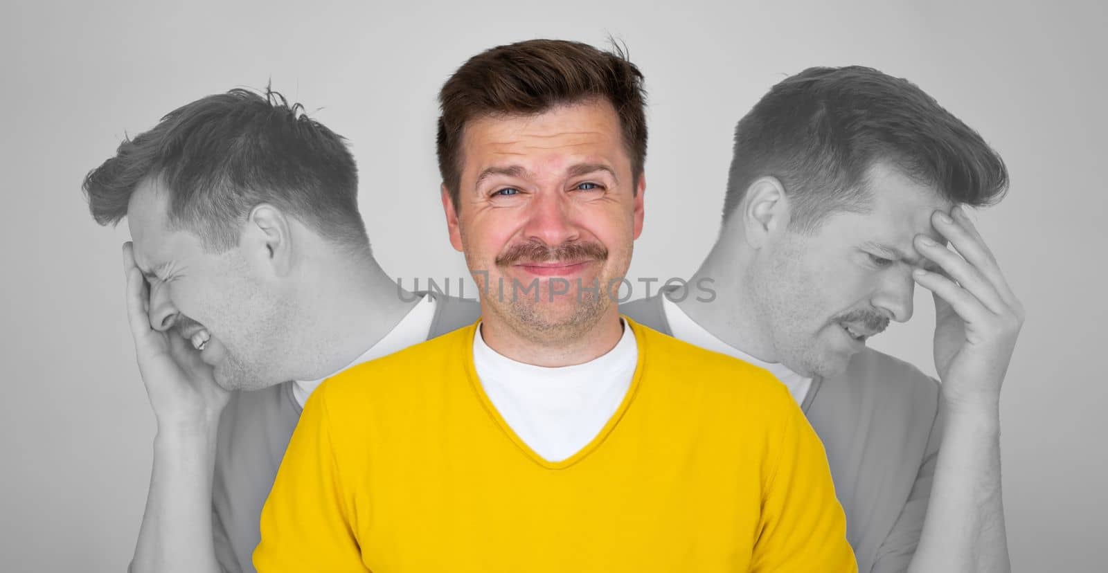 Multiple exposure portrait of young european caucasian man with positive smile and serious sad facial expression. Mental health, depression and emotions concept. 