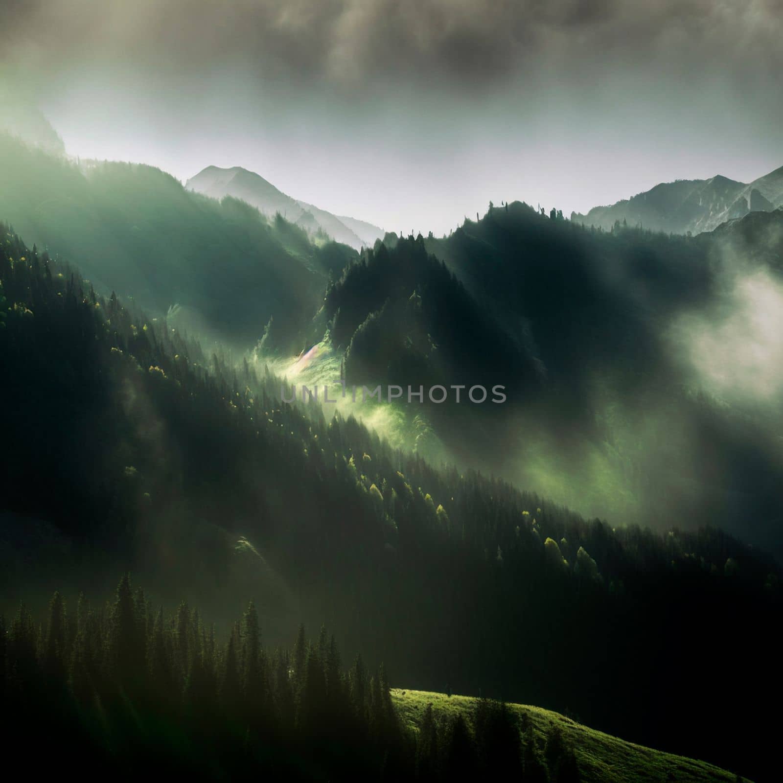 Green mountain range. Landscape of misty mountains. High quality illustration