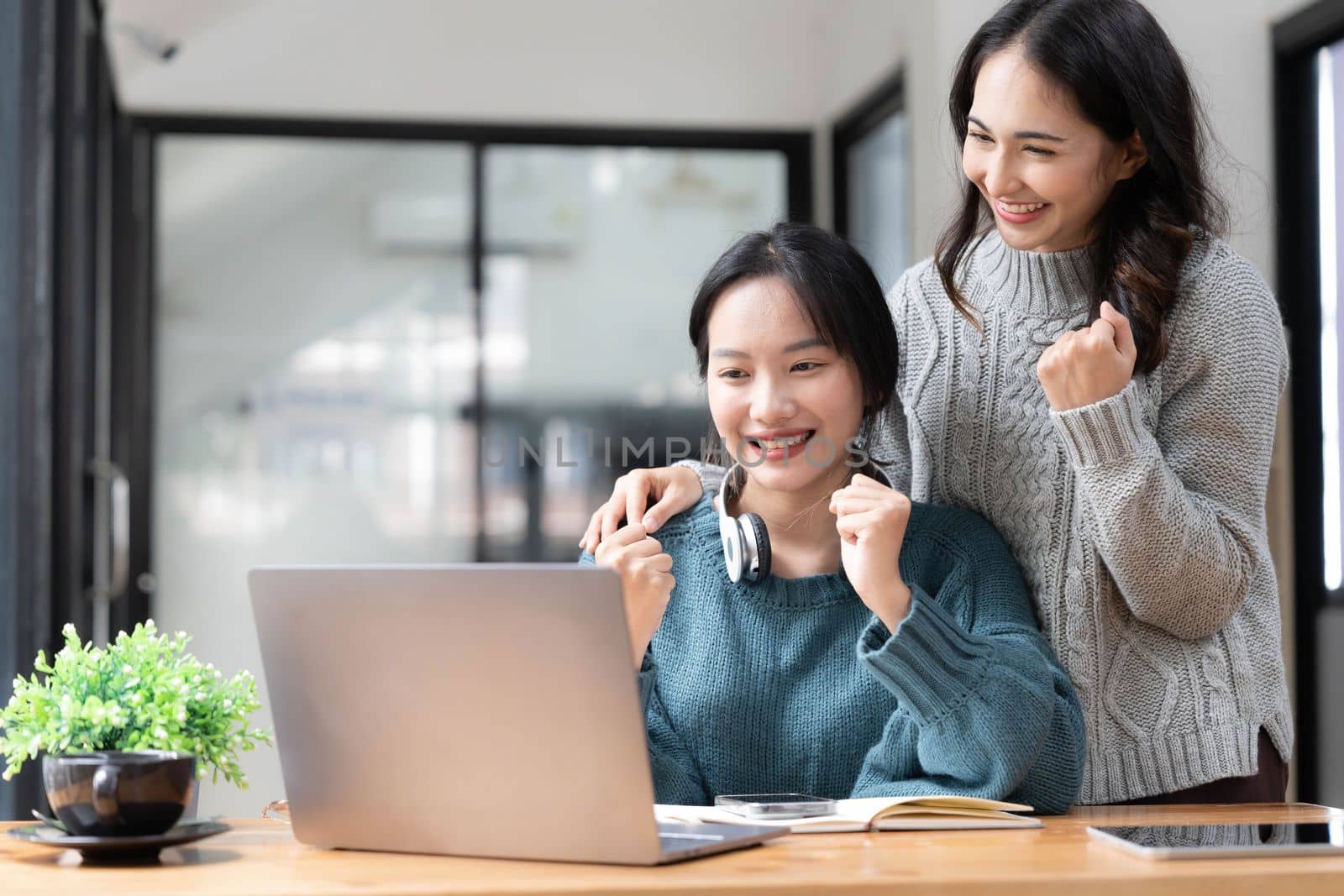 Two young Asian women show joyful expression of success at work smiling happily with a laptop computer in a modern office...