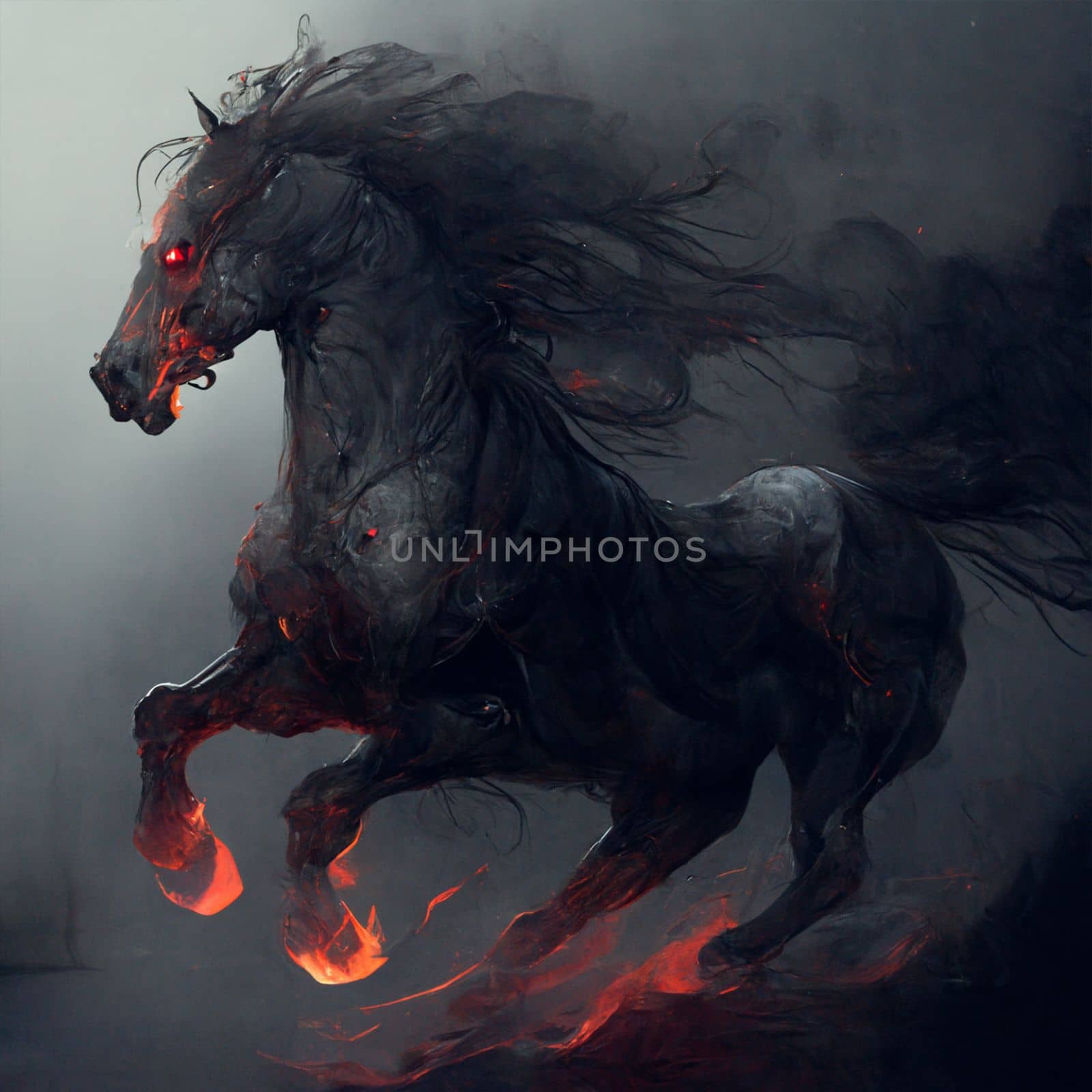 Black burning demonic horse with fiery eyes in 5k