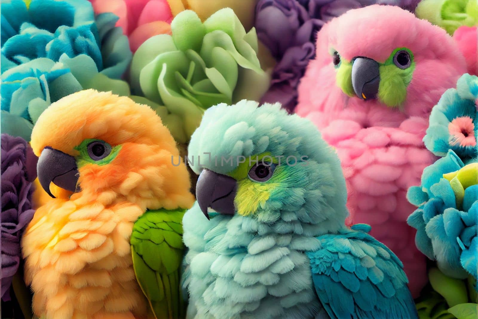 Cute colorful parrots on a background of flowers in 6k