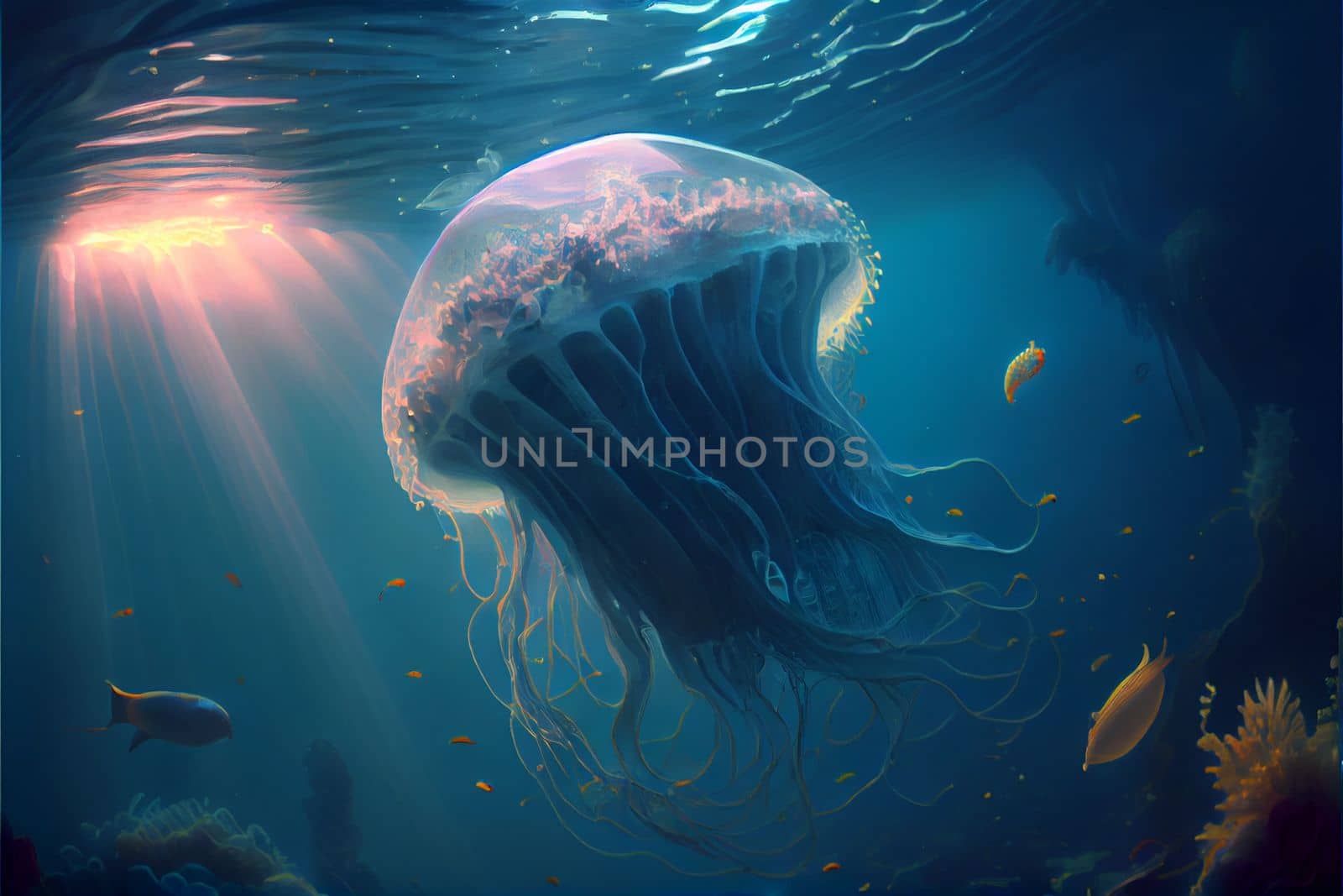 Beautiful jellyfish in the underwater world with inner glow in 6k