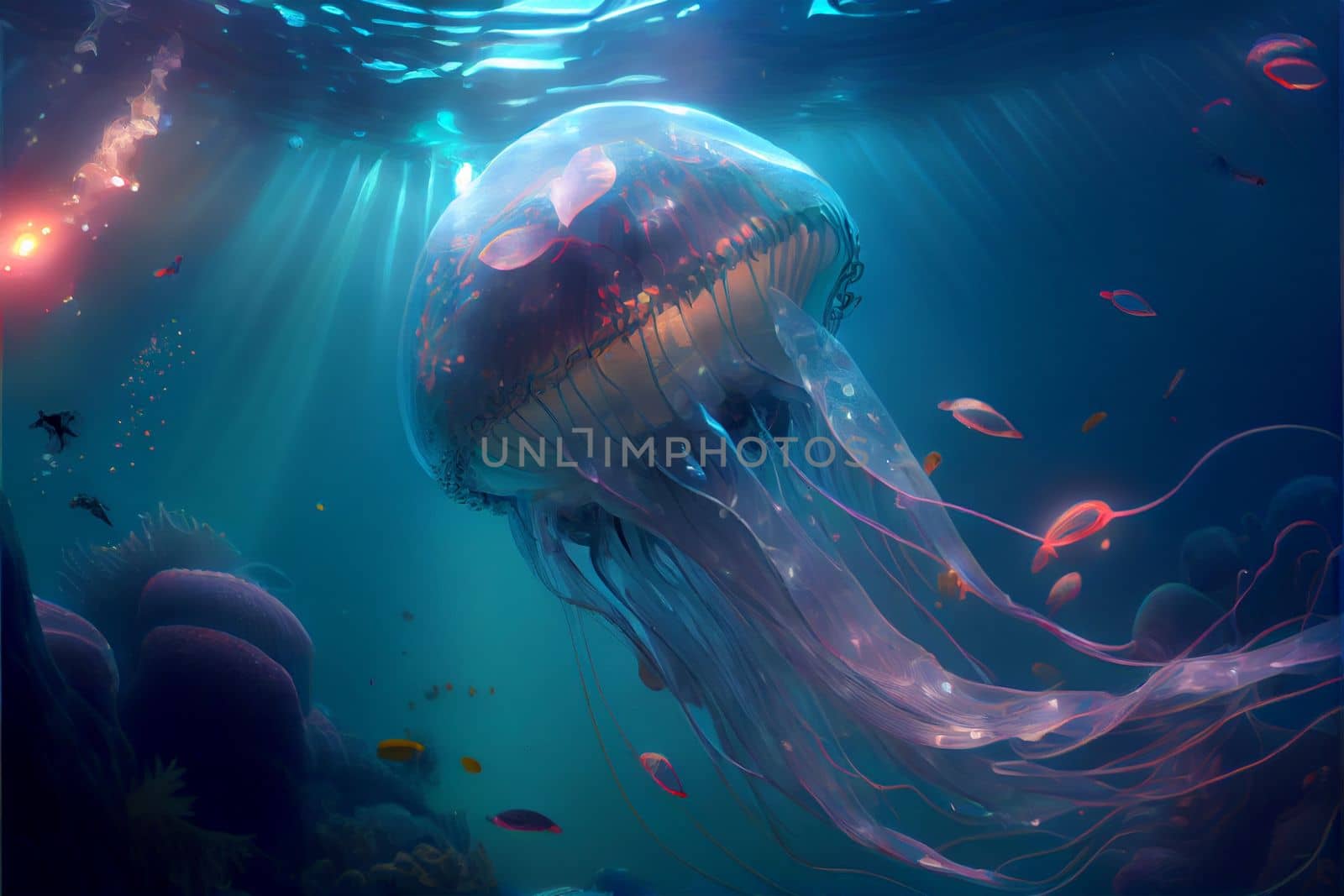 Beautiful jellyfish in the underwater world with inner glow by studiodav