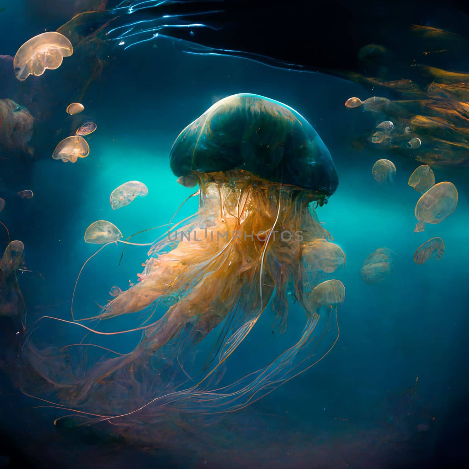 Beautiful jellyfish in the underwater world with inner glow in 6k