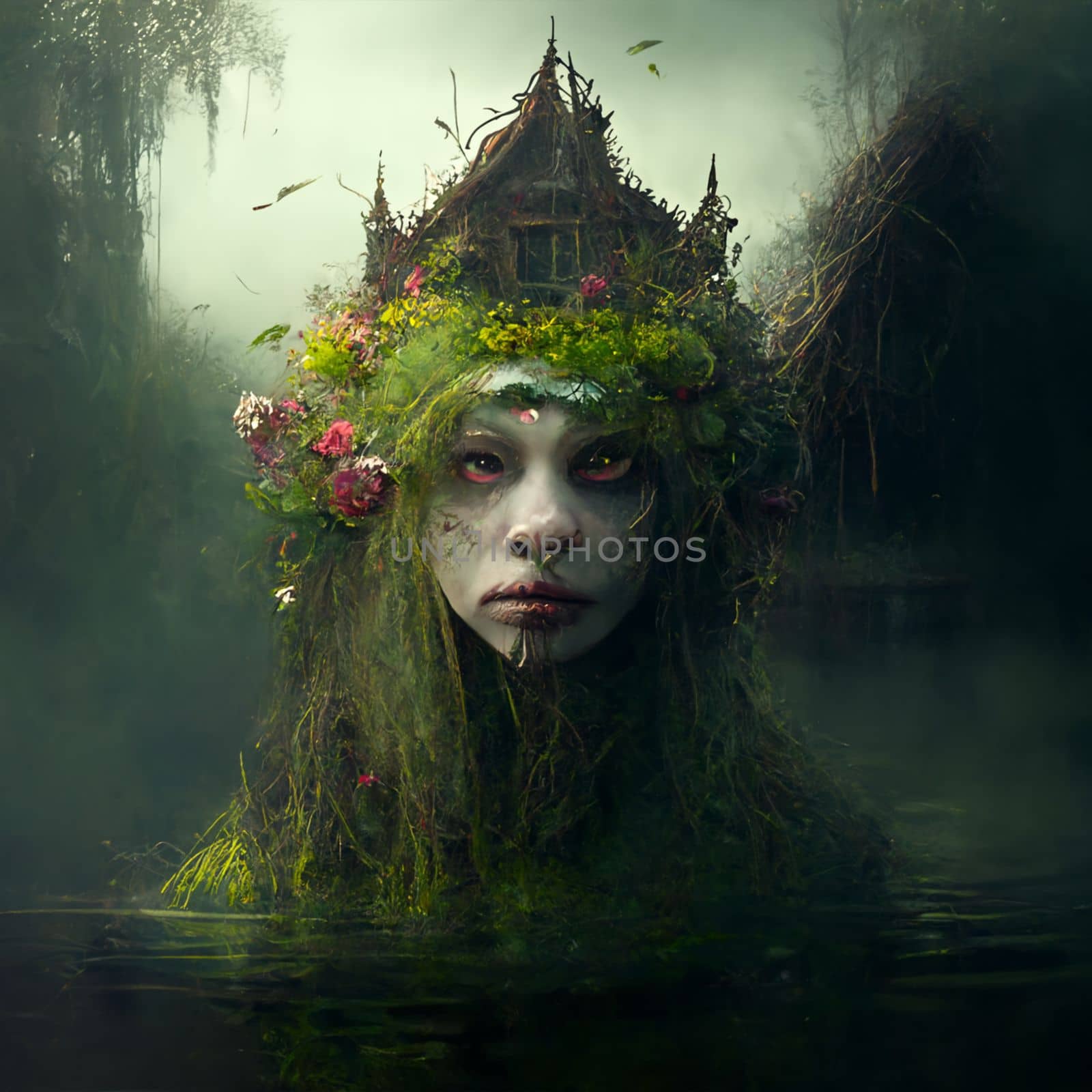 Swamp witch with moss on her head chest-deep in water by studiodav