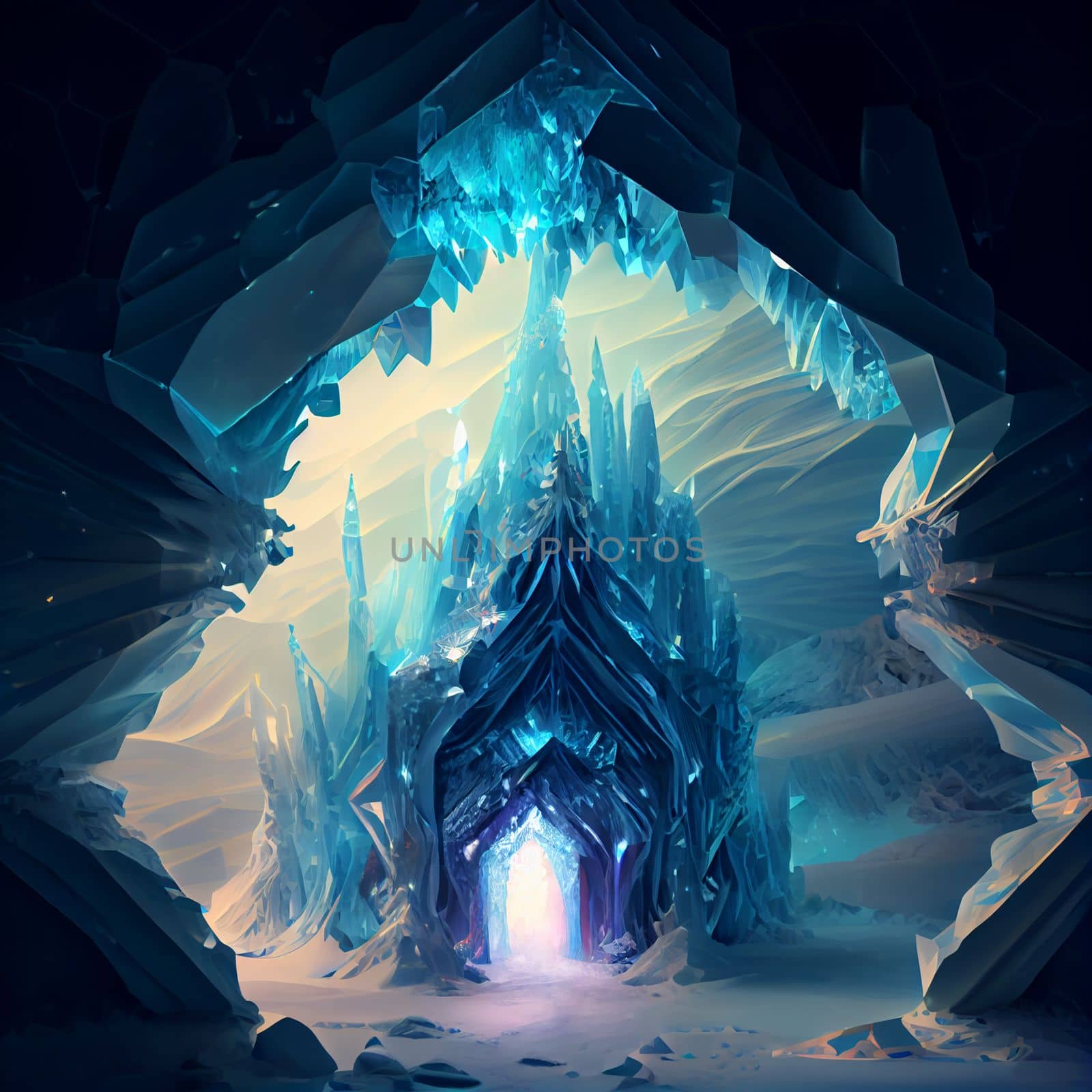 Ice cave with blue-white crystals in the form of a castle with crystals by studiodav