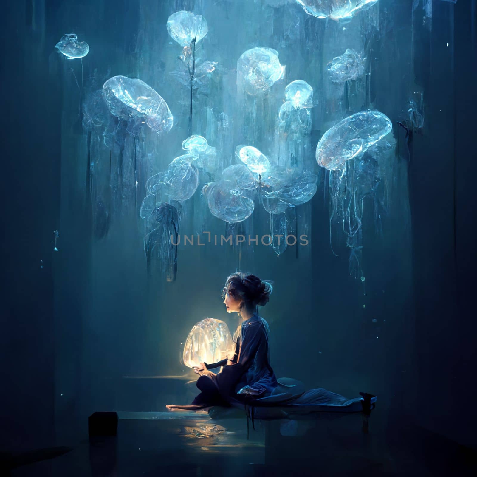 A girl meditates and a flock of luminous jellyfish flies on top of her by studiodav