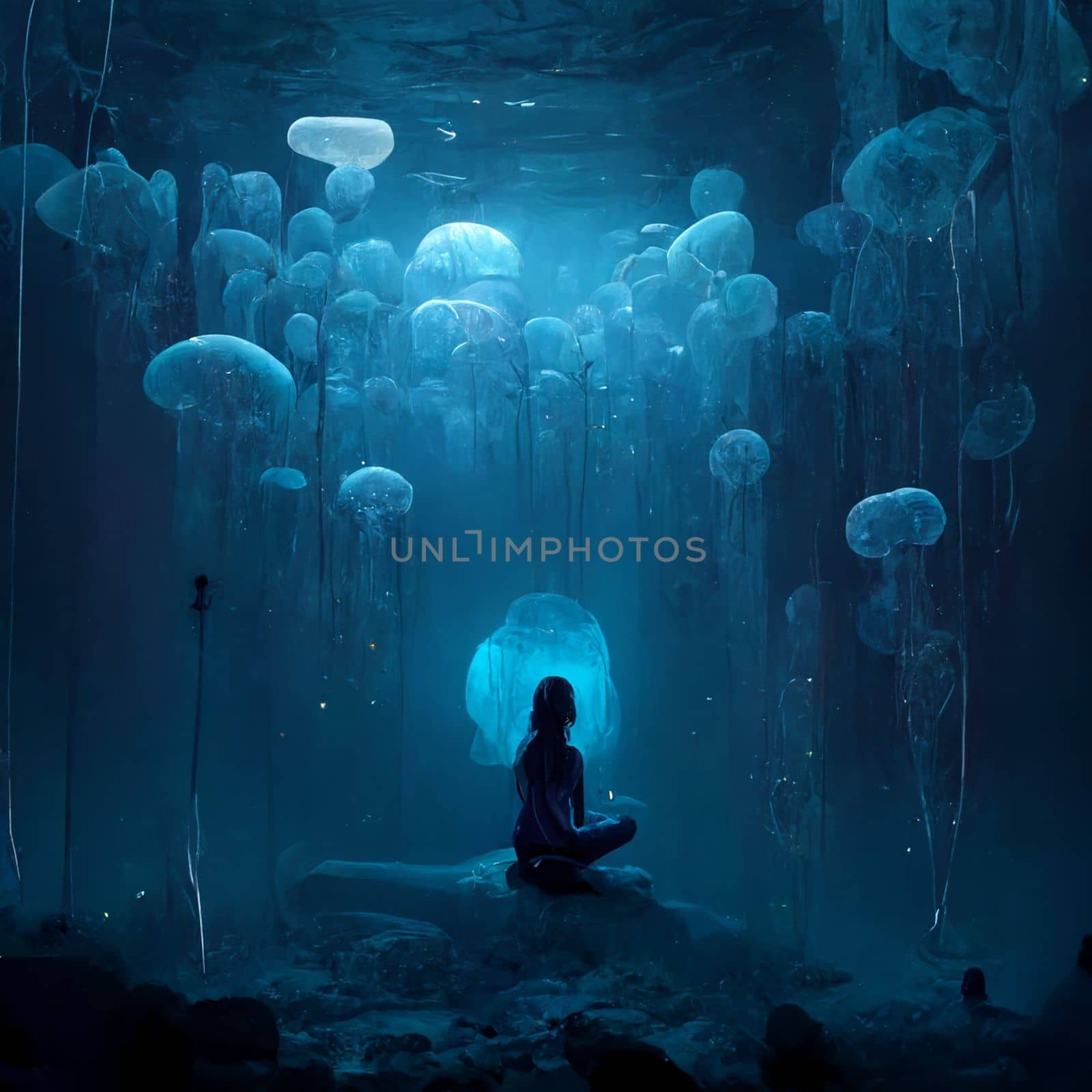 A girl meditates and a flock of luminous jellyfish flies on top of her by studiodav