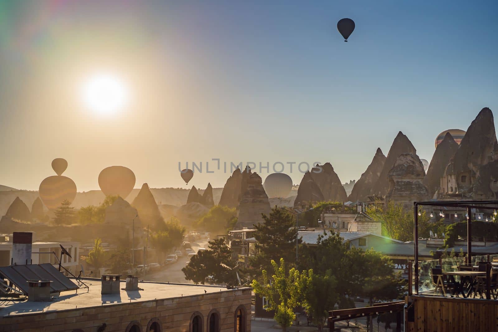 Colorful hot air balloon flying over Cappadocia, Turkey.