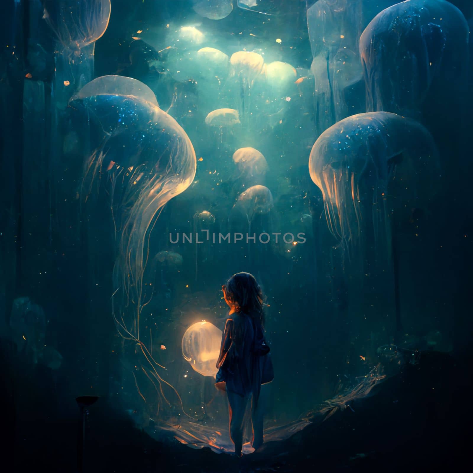 A girl stands around a flying flock of jellyfish by studiodav