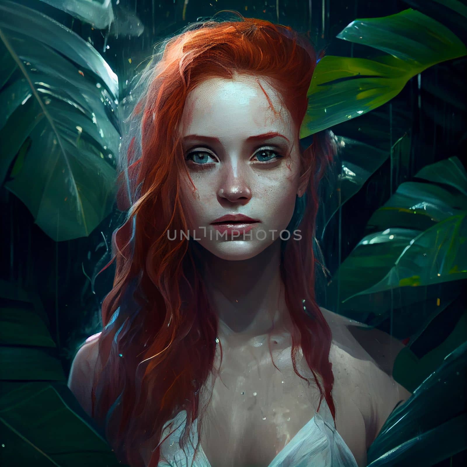 Red-haired girl stands in the jungle at night in a white dress in the rain by studiodav