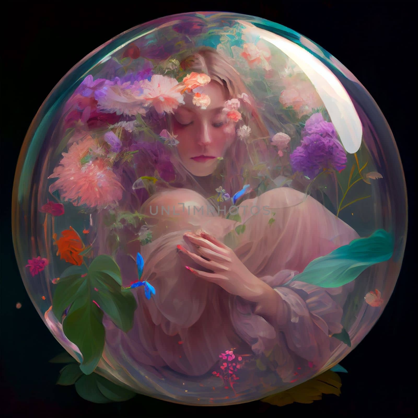 sleeping girl among flowers in a round glass bowl in 5k