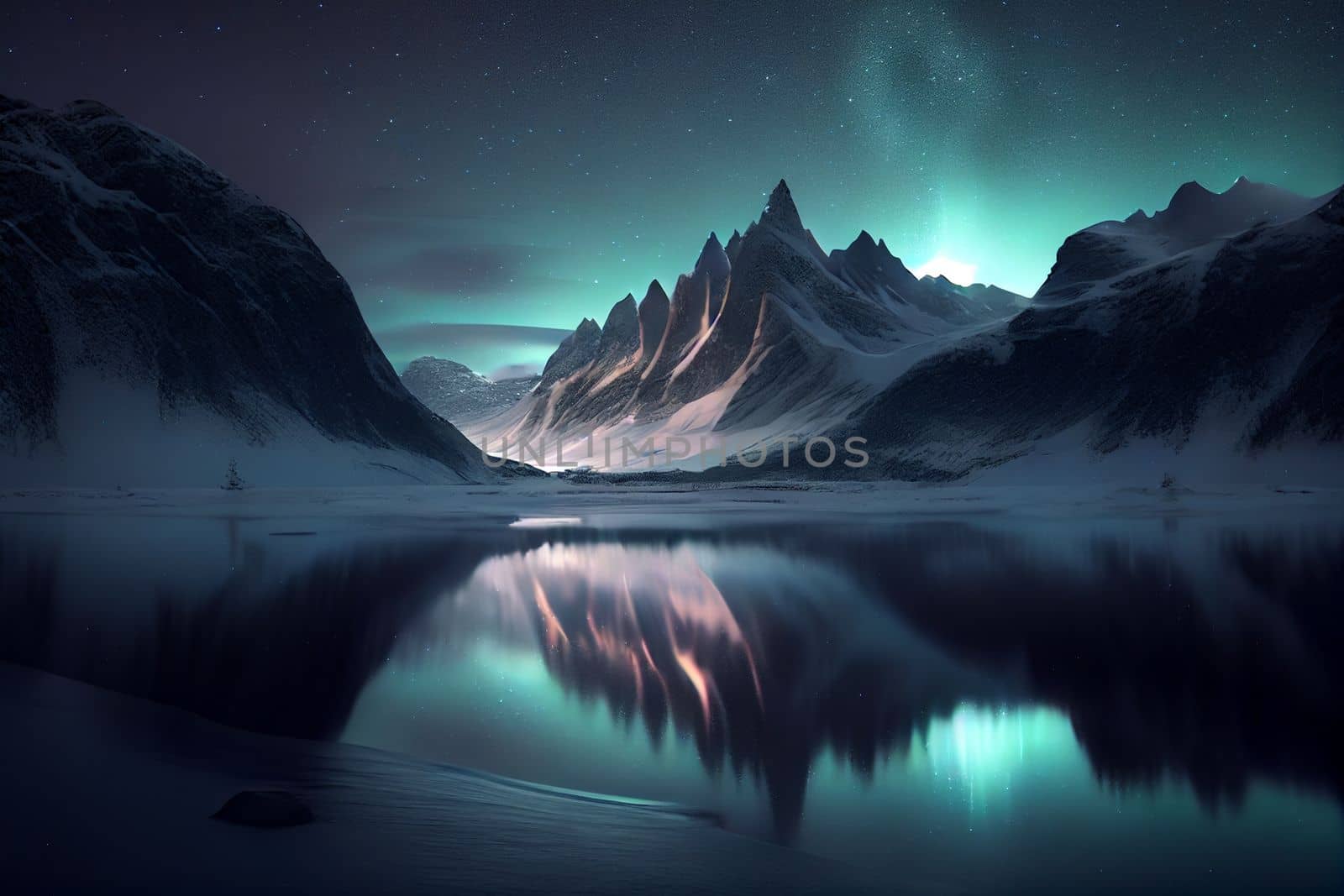 Landscape of snowy mountains with a frozen lake and northern lights in the sky by studiodav