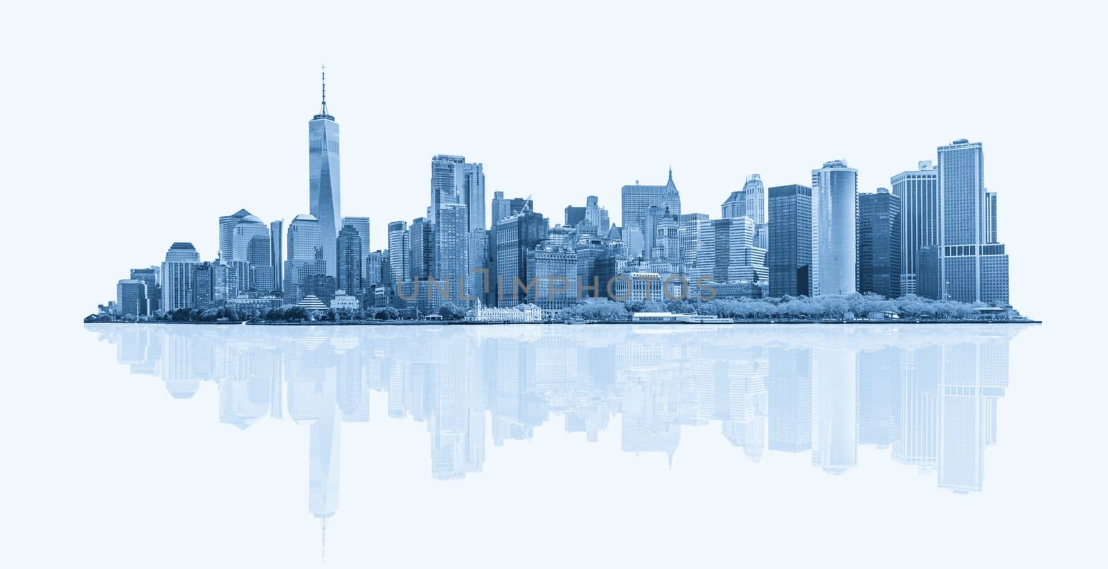 Skyline panorama of downtown Financial District and the Lower Manhattan in New York City, USA. isolated on white background with reflection by Mariakray