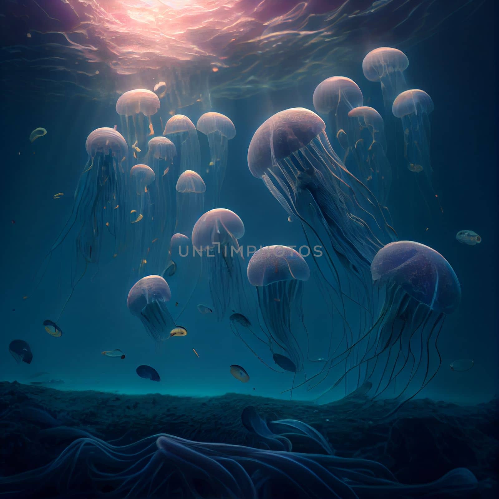 Flock of neon jellyfish in the underwater world in 5k