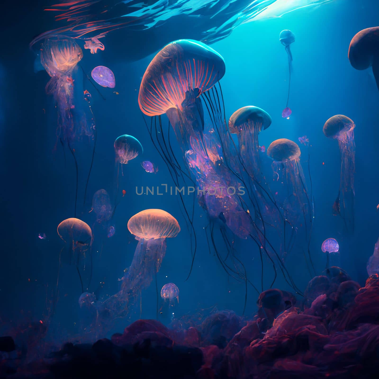 Flock of neon jellyfish in the underwater world in 5k