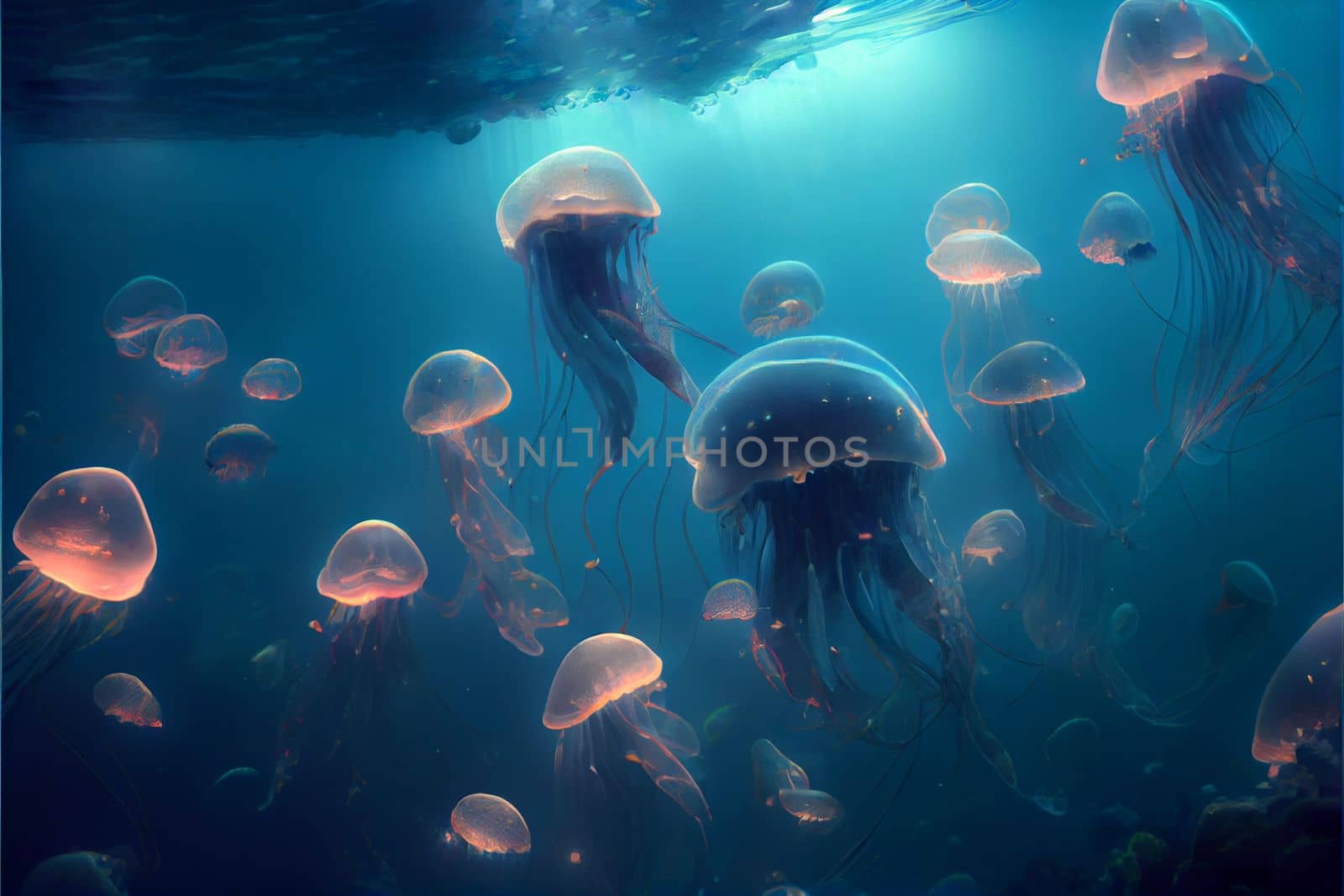 Flock of neon jellyfish in the underwater world in 5k