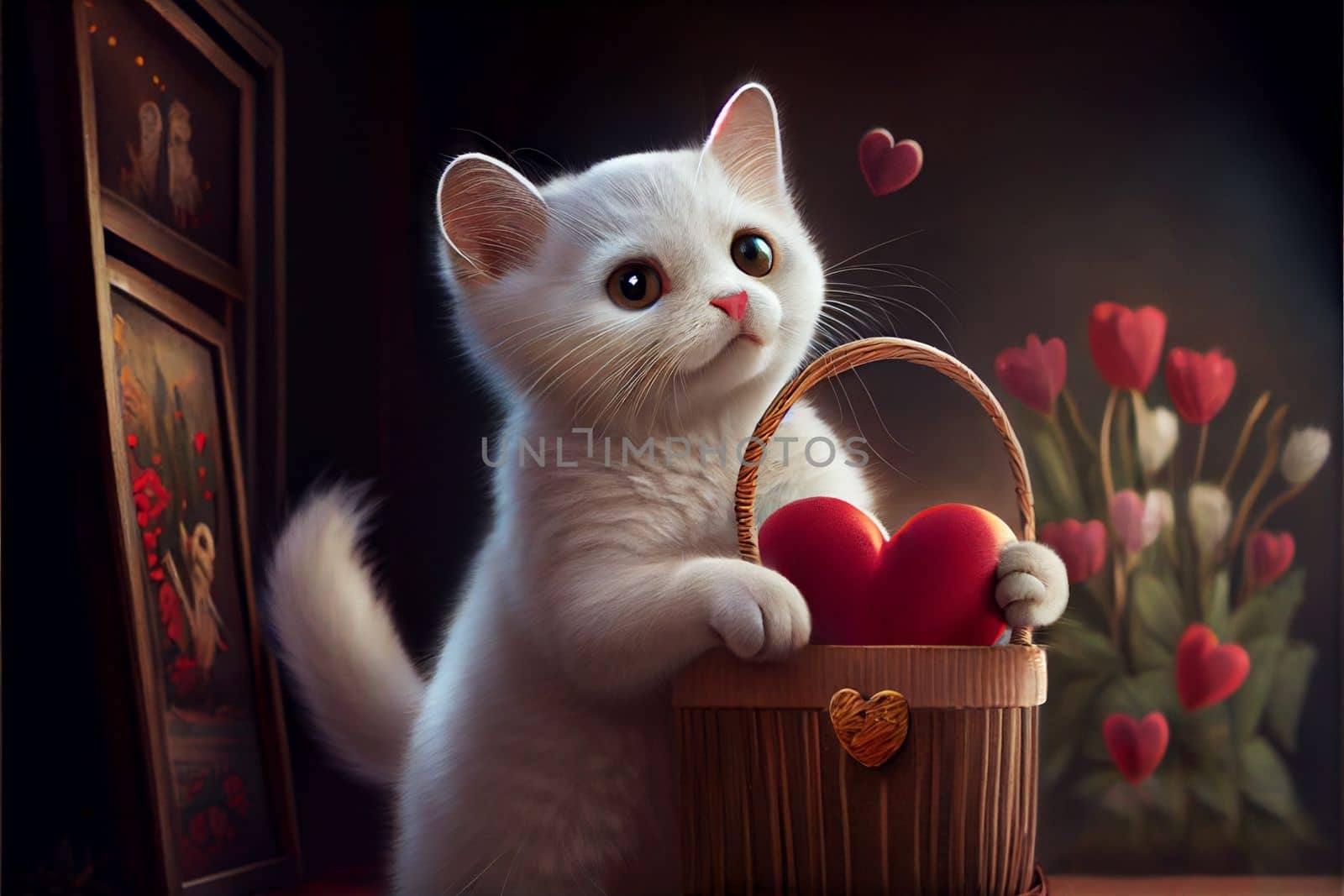 cute white cat holding a valentine heart in a wicker basket on a background of flowers by studiodav