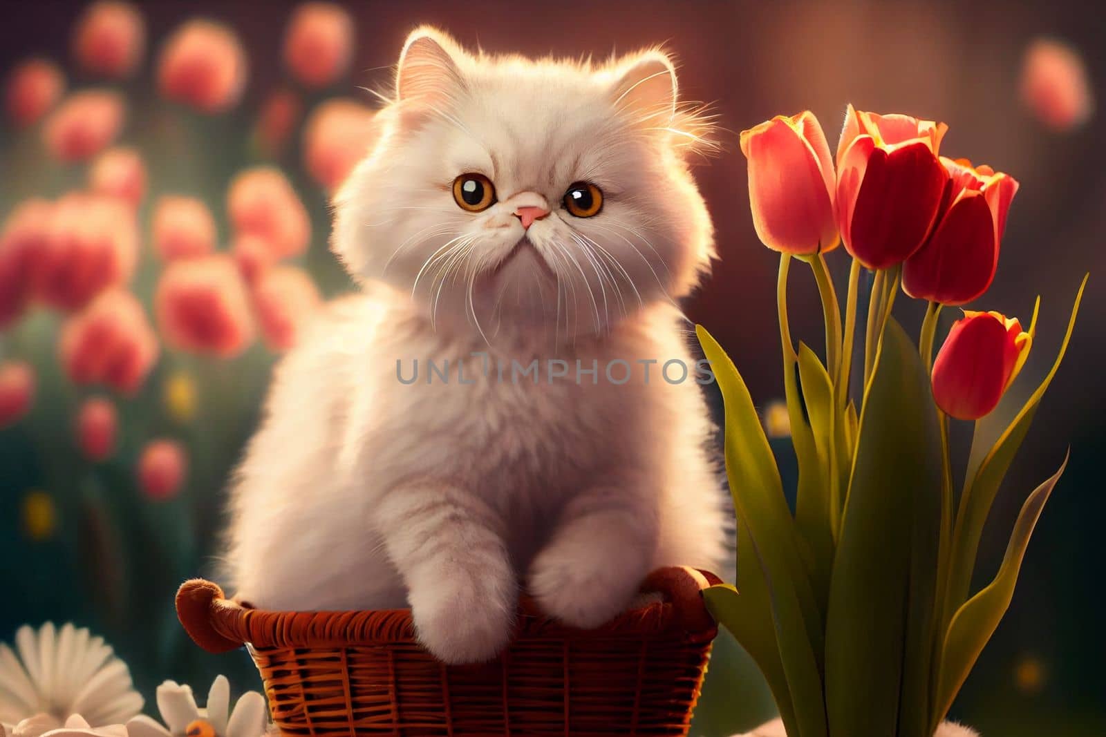 cute white cat in a wicker basket on a background of red tulips in 3k