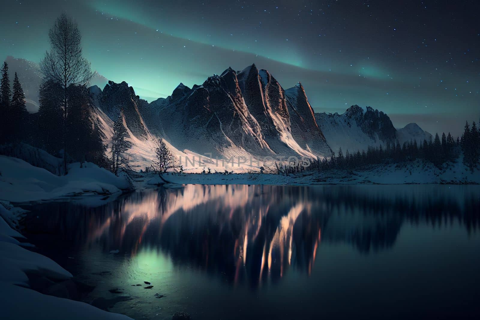 Landscape of snowy mountains with a frozen lake and northern lights in the sky in 6k