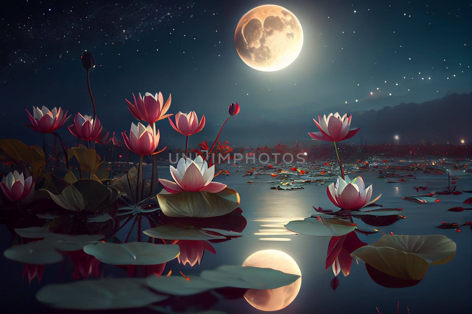 Night landscape with water lilies in a swamp against the background of the moon in 6k