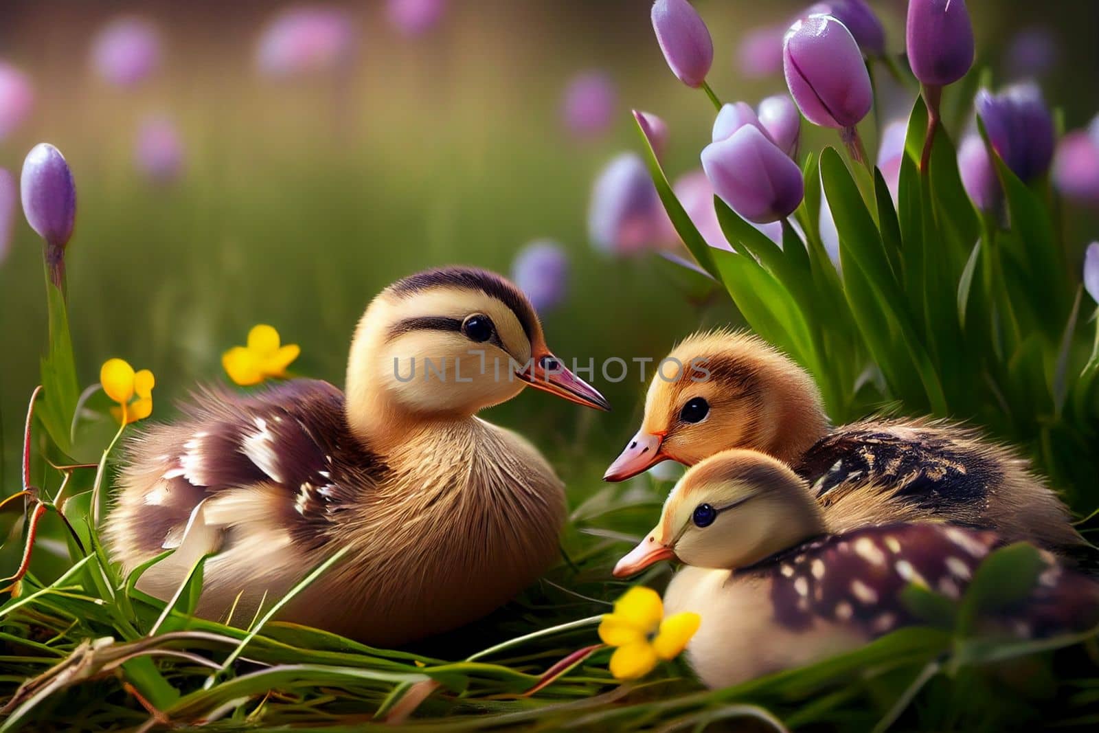 Mother duck with her ducklings in the grass against the background of tulips by studiodav