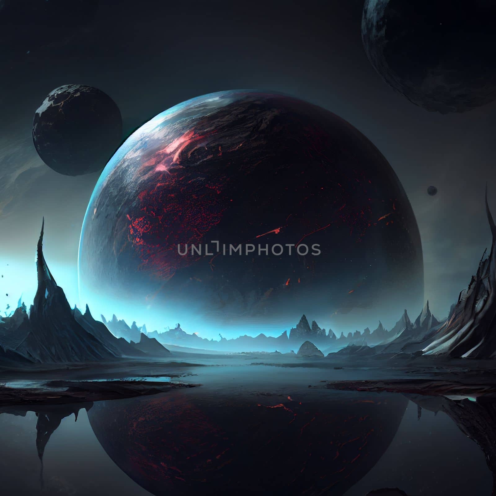 Dark planet landscape with flying planets in the sky by studiodav