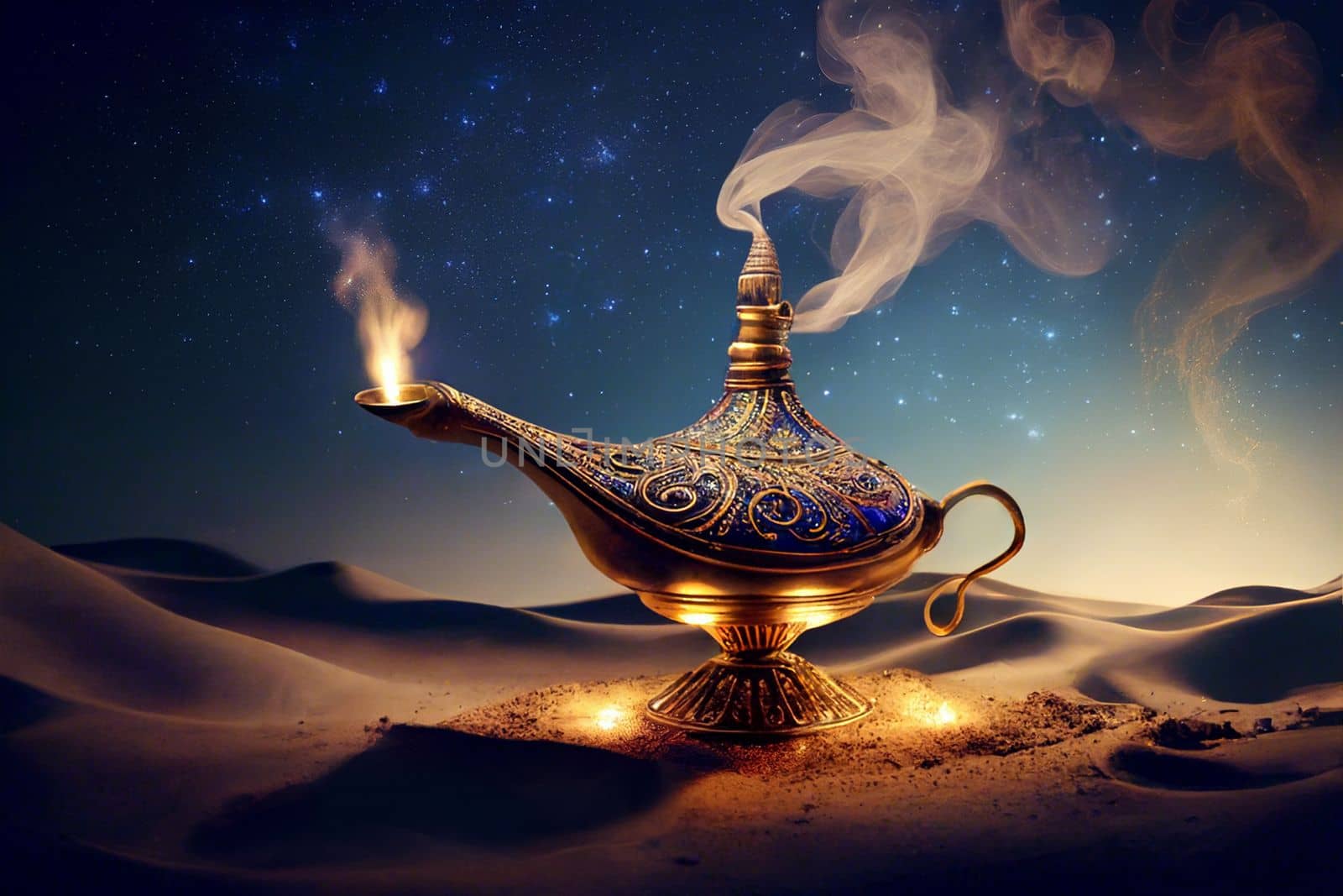 magic lamp with genie in the desert at night in 6k