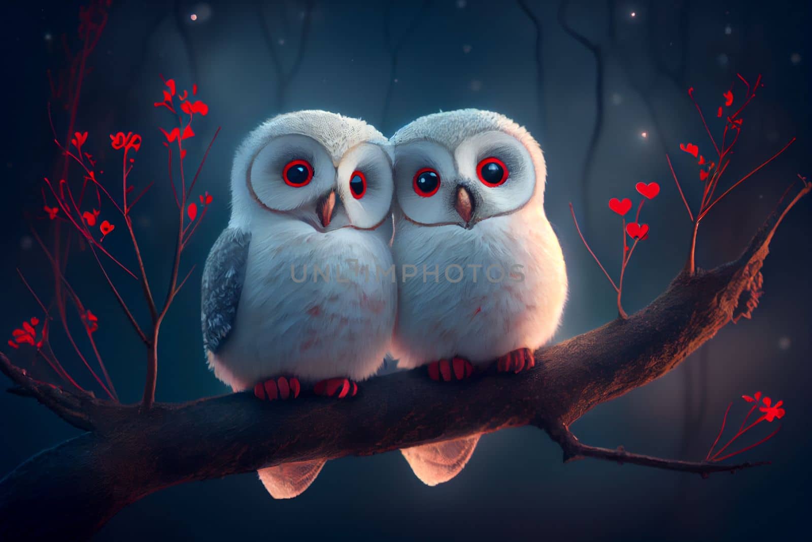 Two cute owlets couple sitting next to each other in 6k