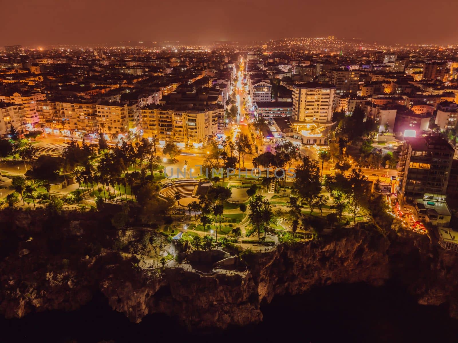 Night top aerial view of the old town Kaleici and old harbor in Antalya, Turkey. Turkey is a popular tourist destination by galitskaya