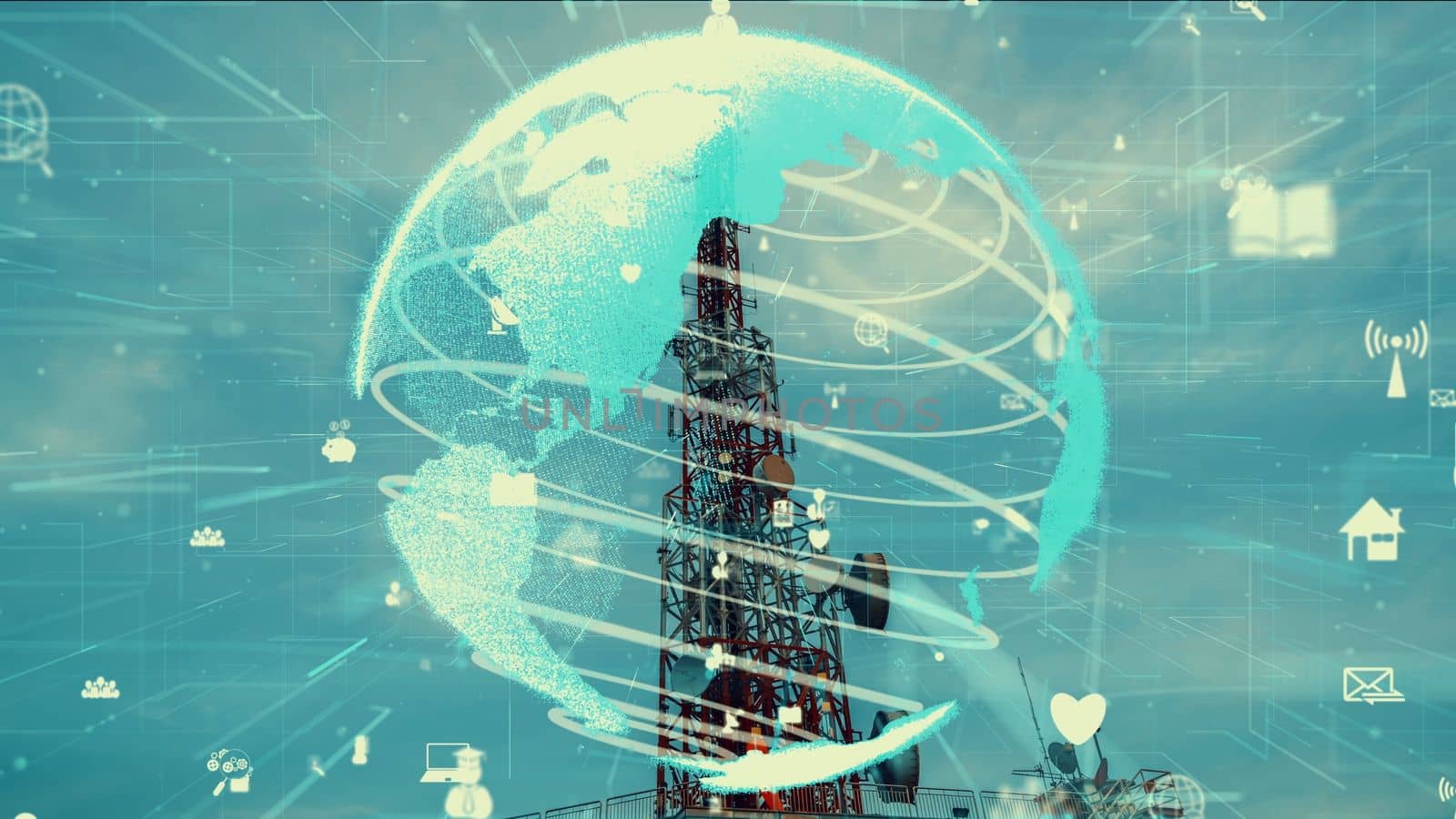 Telecommunication tower with 3D graphic of global business alteration and e-commerce against blue sky in concept of worldwide internet network connections .