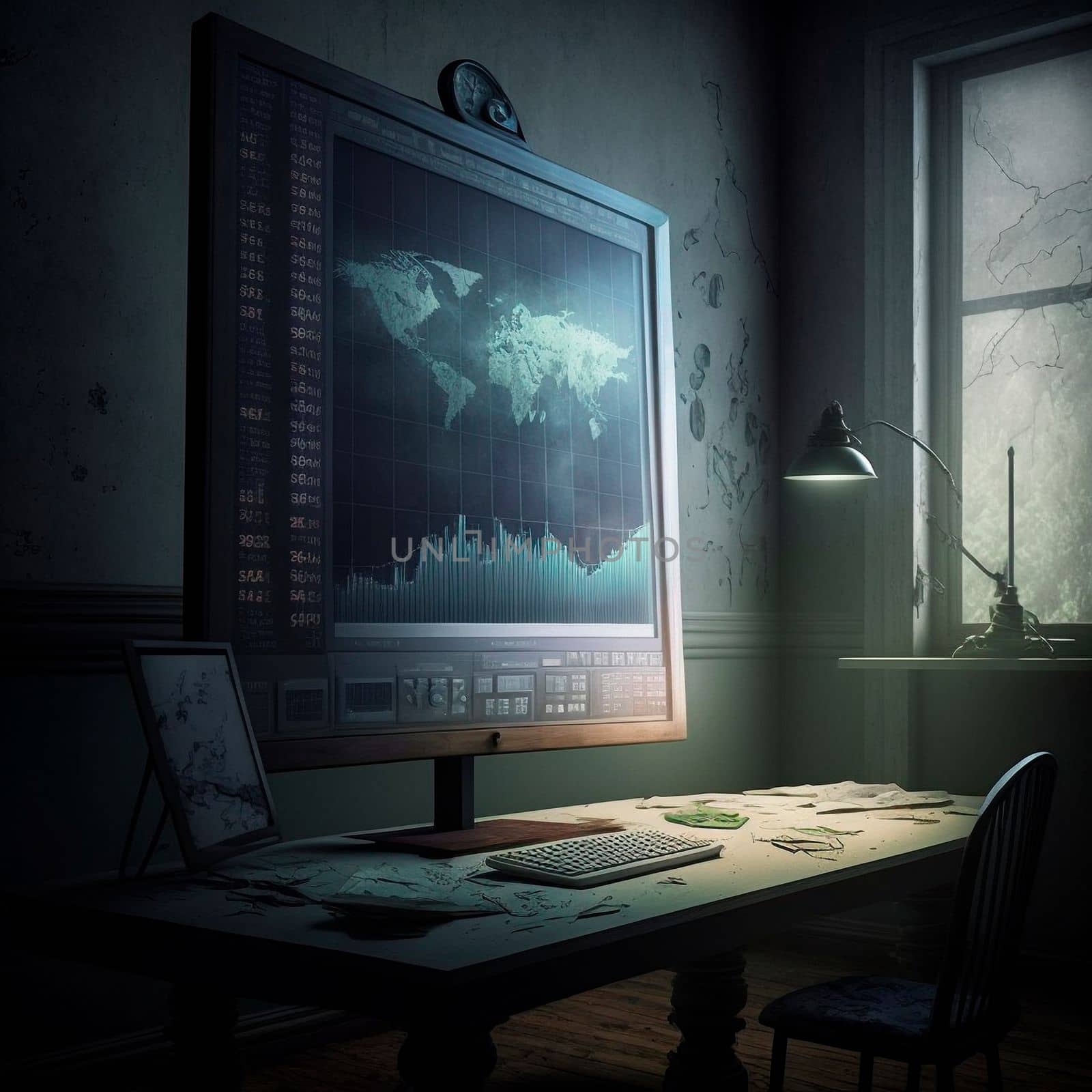 computer and screens with graphs in the office in retro style, graph analysis and world map. High quality illustration
