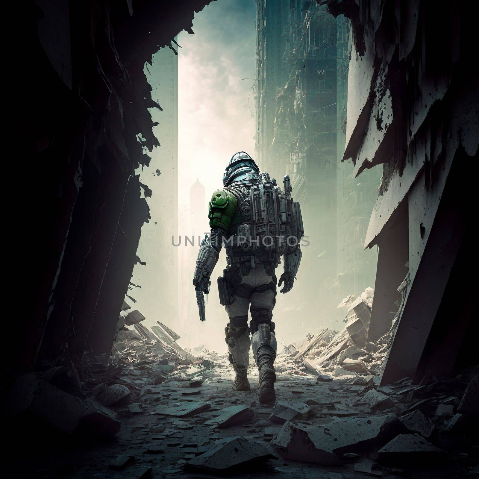 A man in a futuristic armored suit with a large firear. High quality illustration