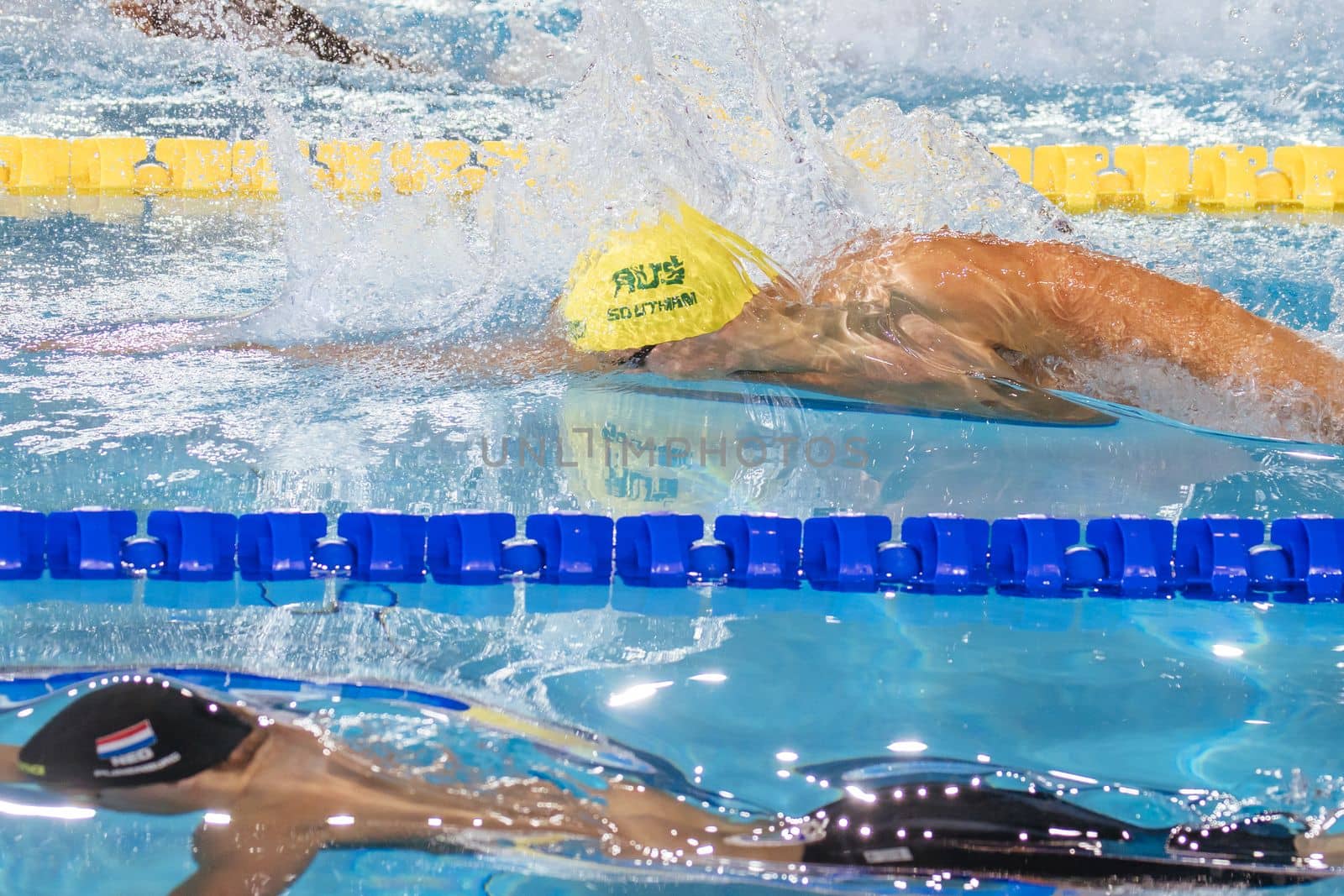 MELBOURNE, AUSTRALIA - DECEMBER 13: Flynn SOUTHAM (AUS) competing in the Men's 4x100m Freestyle final on day one of the 2022 FINA World Short Course Swimming Championships at Melbourne Sports and Aquatic Centre on December 13, 2022 in Melbourne, Australia