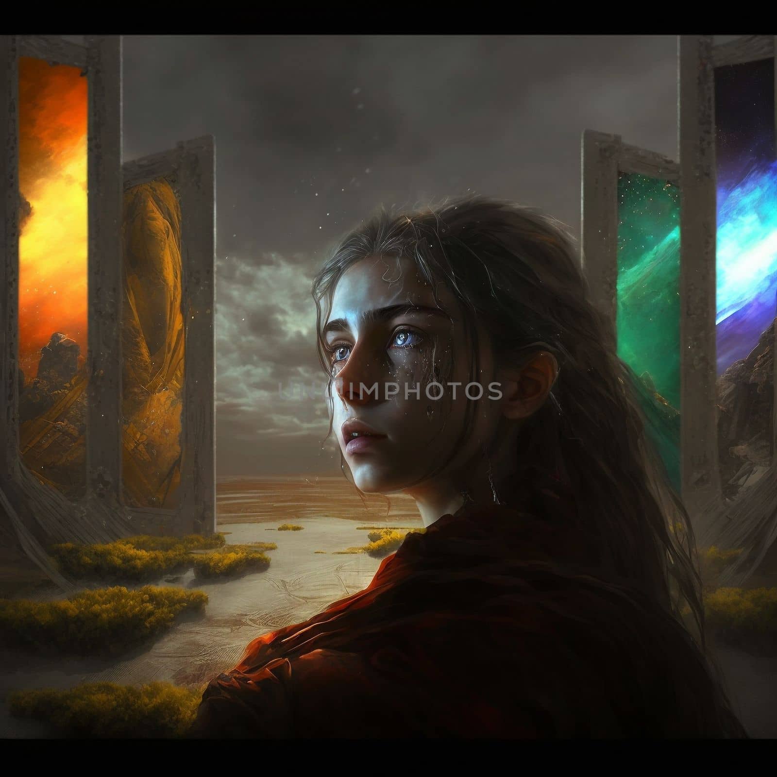 a girl staying between worlds stands in front of portals to other worlds by NeuroSky