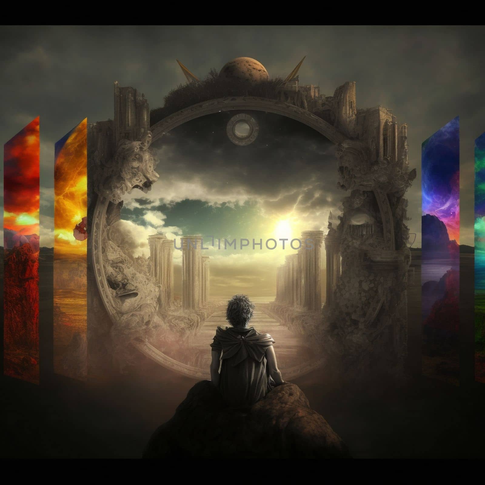 a wanderer between worlds stands in front of portals to other worlds. High quality illustration