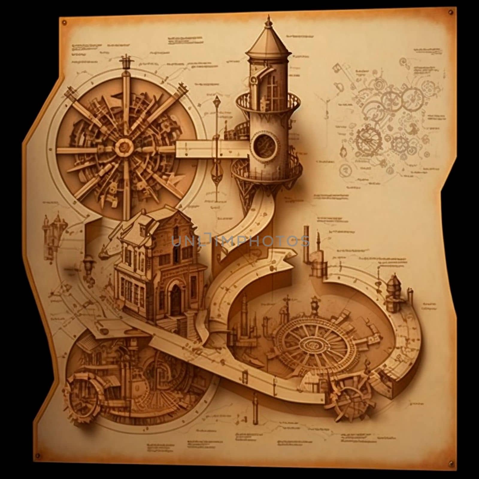 3d drawings of an unusual steampunk city, a city diagram. High quality illustration