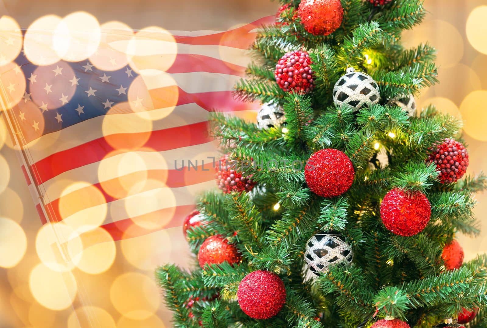Christmas tree decoration in shopping mall with usa flag on background