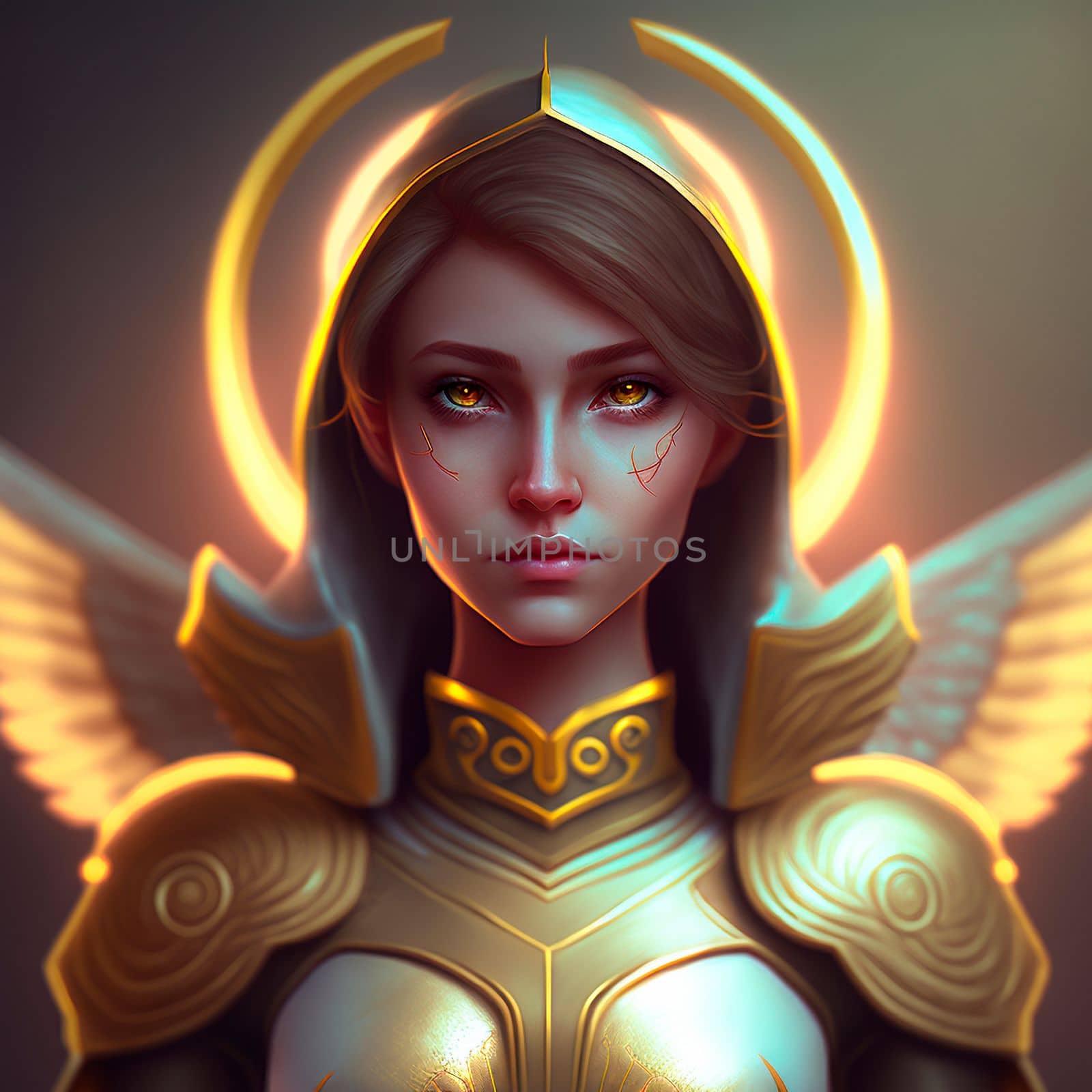 Mysterious angel woman with a halo and golden armor. High quality photo