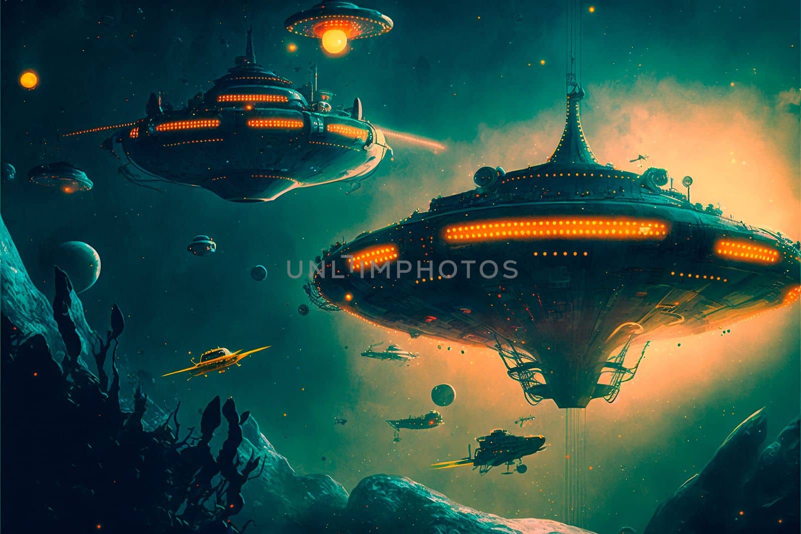 intergalactic spaceships on the background of planets and space. High quality illustration