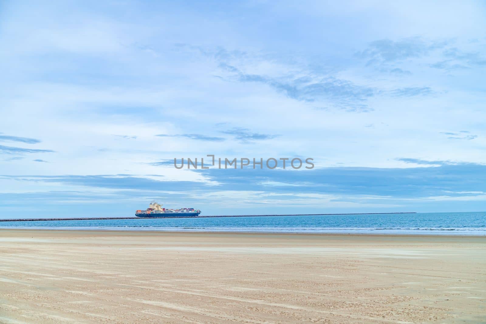cargo ship at the sandy beach. 