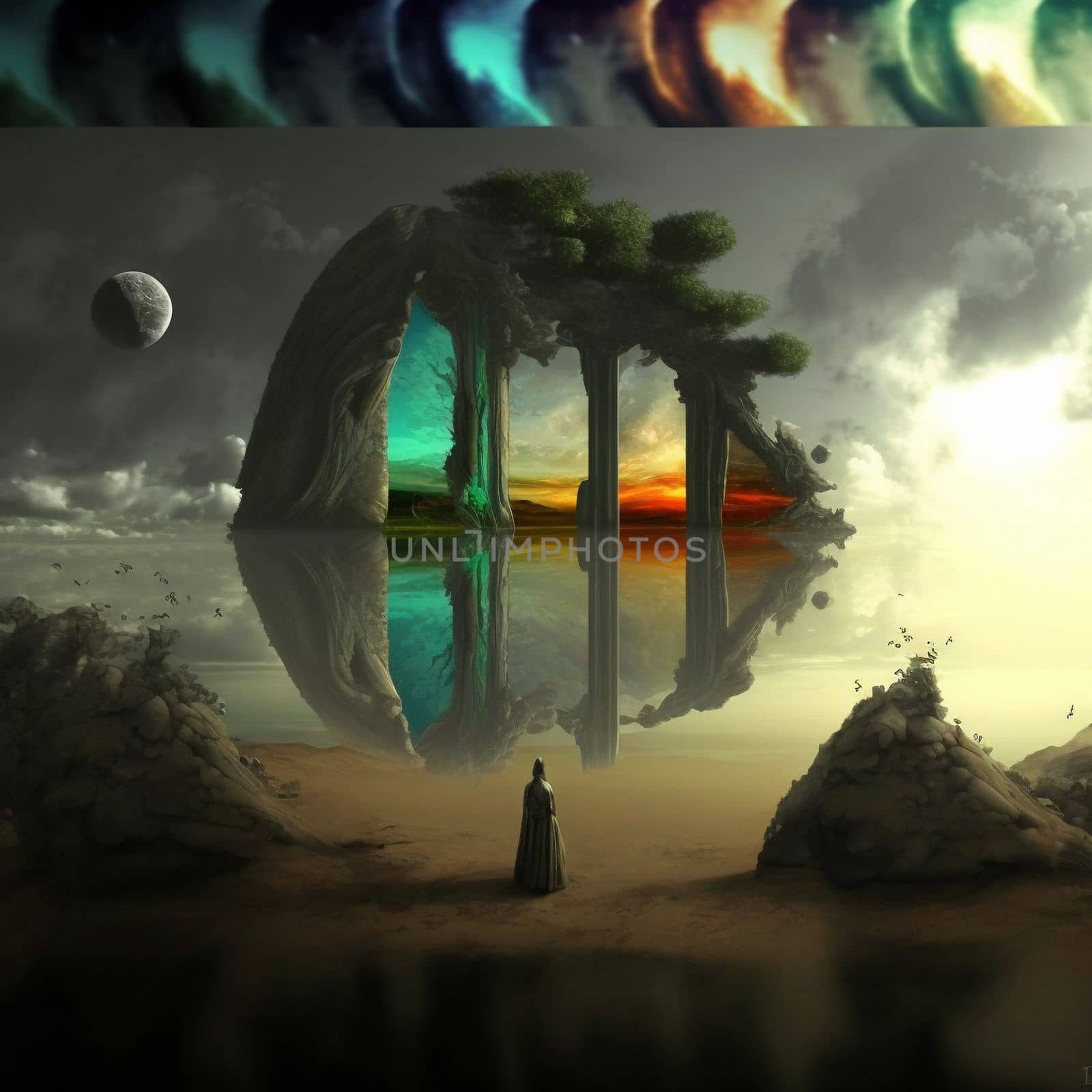 a wanderer between worlds stands in front of portals to other worlds. High quality illustration